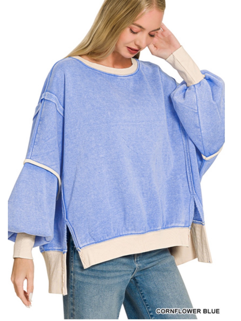 169 ❤️ Zenana cornflower blue FLEECE ACID WASHED CONTRAST TRIM SWEATSHIRT